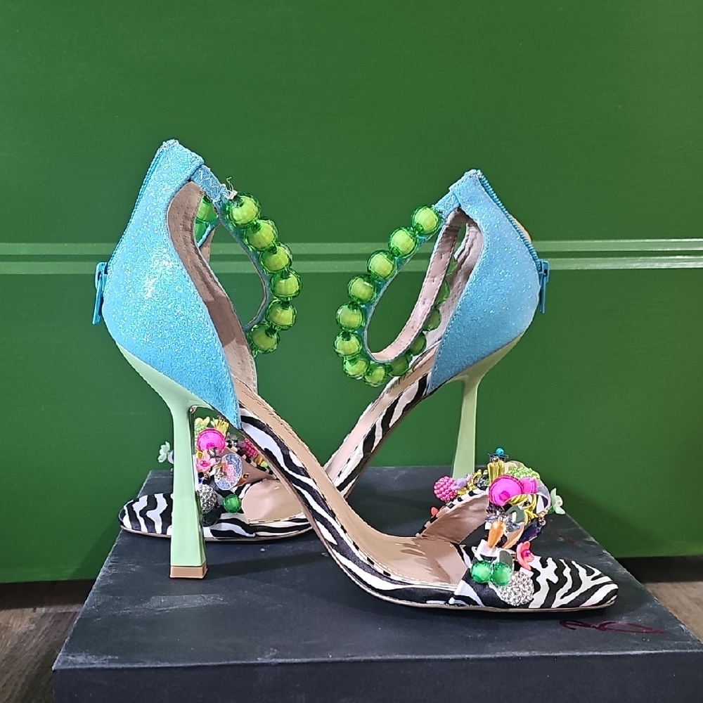 Betsey Johnson Blue and Green Embellished Zebra-Accent Heels